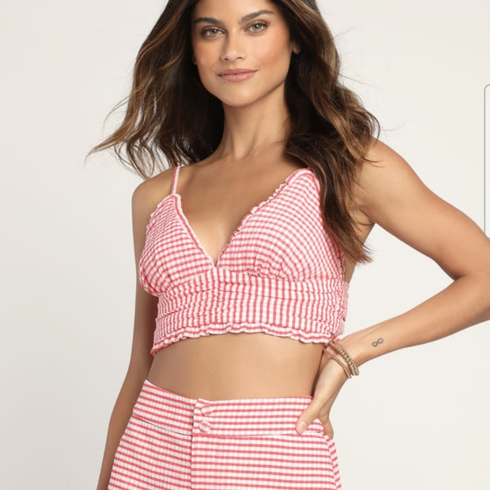 NWT Lulus Stun & Games Coral Gingham 2-Piece Button-front Shorts Pink XS - Picture 3 of 3